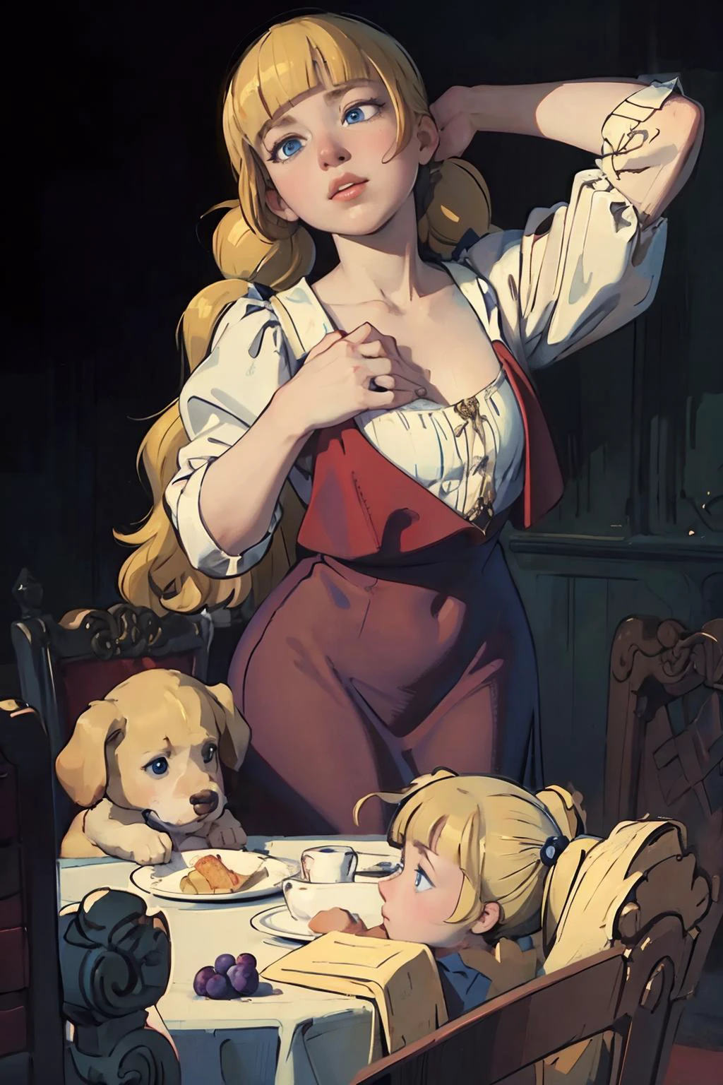Johmeer, penny, (blonde hair, twintails, blunt bangs:1.21, blue eyes), dining room, dining table, grapes, rim lighting, portrait, kneeling, hand behind head, long red conservative dress, baroque style, A_Rostov_Style, pensive, <lora:Johannes Vermeer style:1>, <lora:DE_Alexander_Rostov:0.3>, <lora:Penny:0.4>, puppy