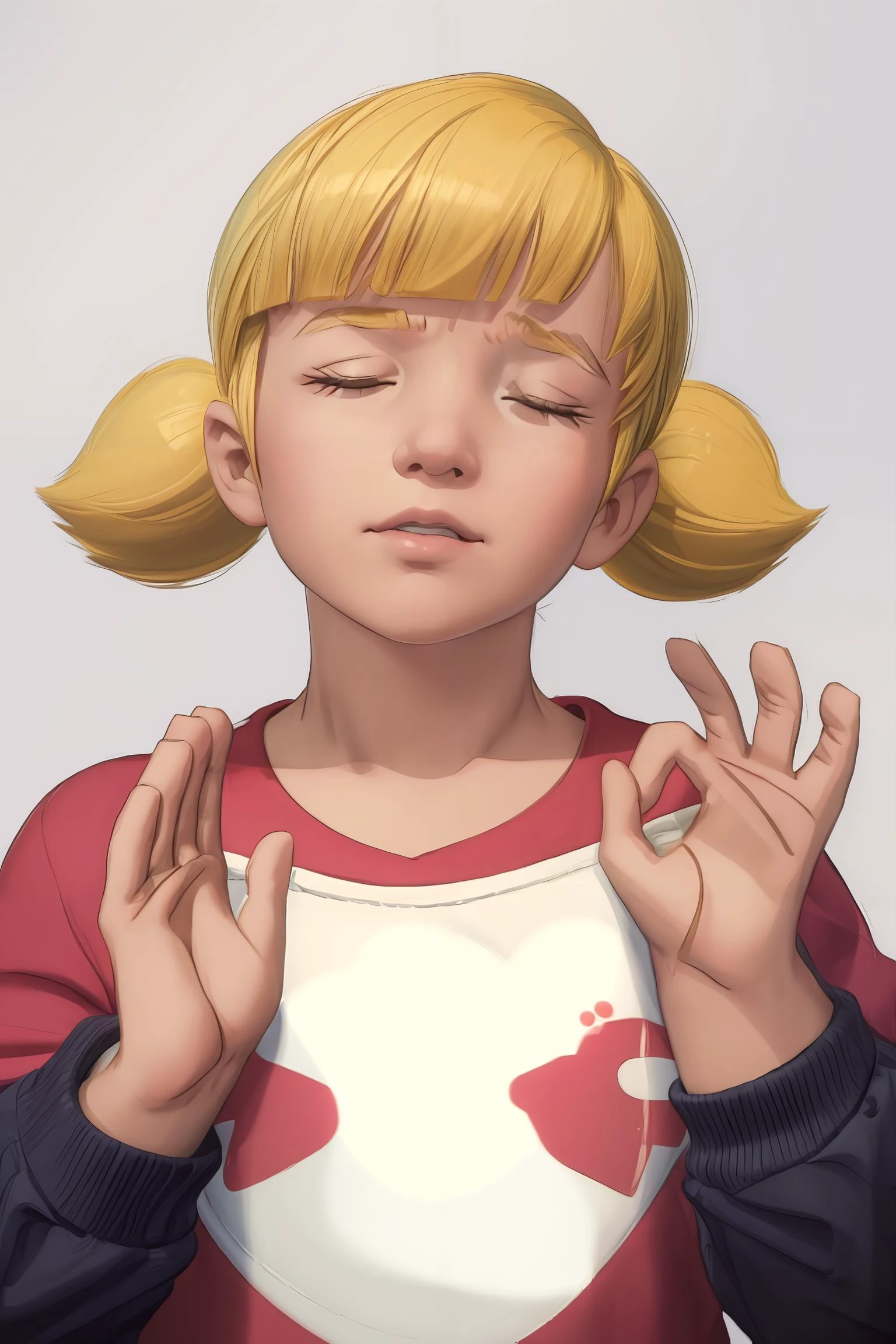 (AS-YoungerV2:1.3), <lora:Penny:0.8>, penny, (blonde hair, twintails, blunt bangs, blue eyes), red shirt, (upper body, close up), Jeremy Lipking, Alexi Zaitsev, PachaMeme, [pleased | smug], <lora:PachaMeme:1>, closed eyes,  (masterpiece) (best quality) (detailed) (8k)  (intricate), vignette, <lora:more_details:0.5>, eye level, close up,