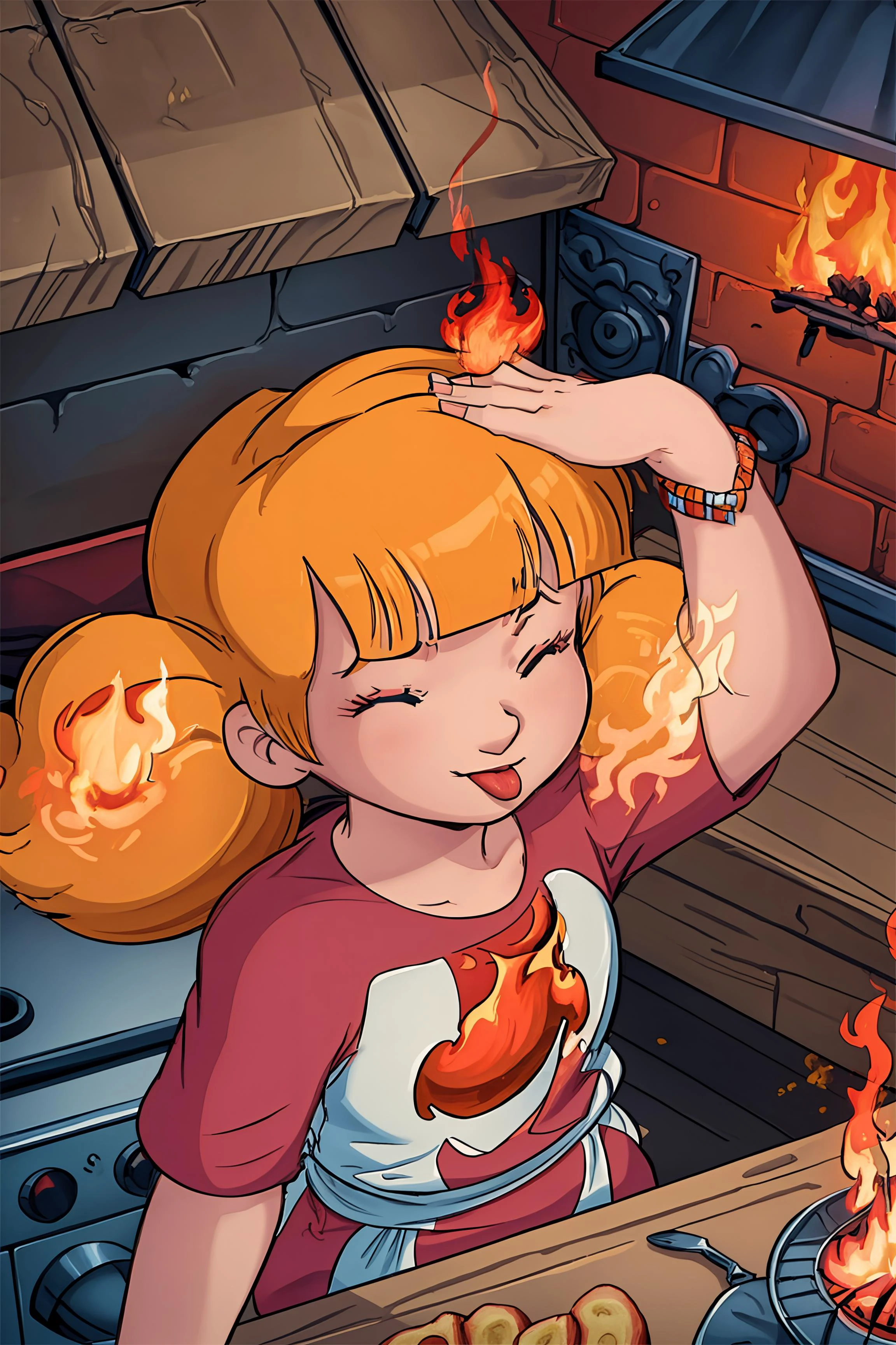 masterpiece, best quality, 1girl, penny, blonde hair, twintails, blunt bangs, blue eyes, closeup,red shirt,<lora:Penny:1>, <lora:ahetobleh-nvwls-v2:0.8> ahetobleh, from above, hands on own head, closed eyes, tongue, fire ink, fire cloud, embers, culinary tools, smoke, intricate detail,cinematic lighting, <lora:more_details:0.5>