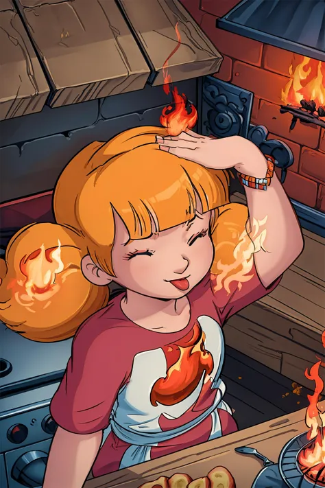 masterpiece, best quality, 1girl, penny, blonde hair, twintails, blunt bangs, blue eyes, closeup,red shirt,<lora:Penny:1>, <lora:ahetobleh-nvwls-v2:0.8> ahetobleh, from above, hands on own head, closed eyes, tongue,  fire ink, fire cloud, embers, culinary tools, smoke, intricate detail,cinematic lighting, <lora:more_details:0.5>