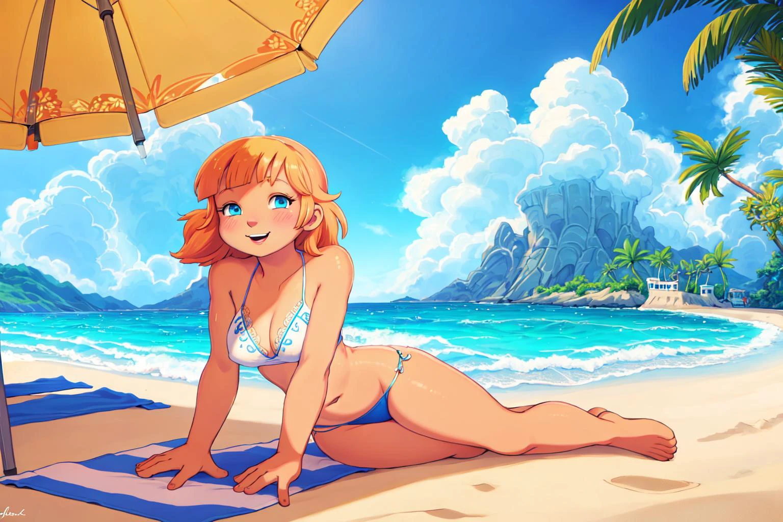 legs spread <lora:Penny:1> penny, medium breast, sea, sand, blue sky, tropical island background, friendly smile, looking at viewer, (exhausted:1.4), mouth open,
(masterpiece:1.2), (highly detailed:1.2), (intricate:1.2), (best quality:1.2),(8k:1.2),
cinematic light, vivid colors