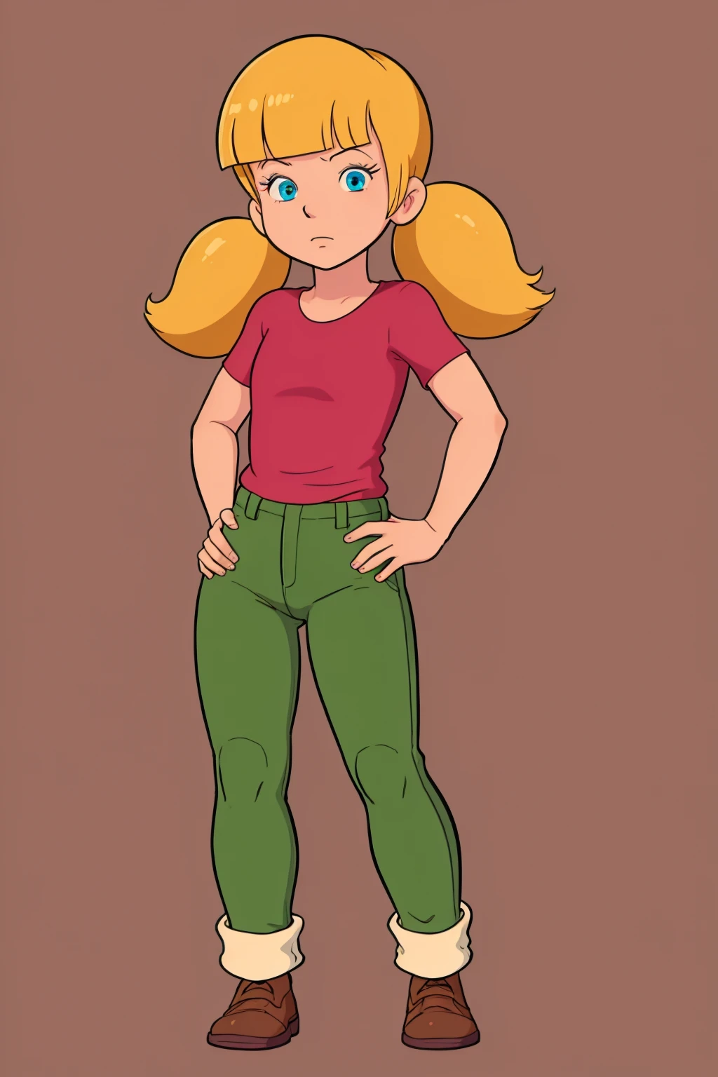 masterpiece, best quality, 1girl, penny, blonde hair, twintails, blunt bangs, blue eyes, red shirt, green pants, brown shoes, (wristwatch:0.6), full body, standing, contrapposto, solo, simple background <lora:Penny:0.9>