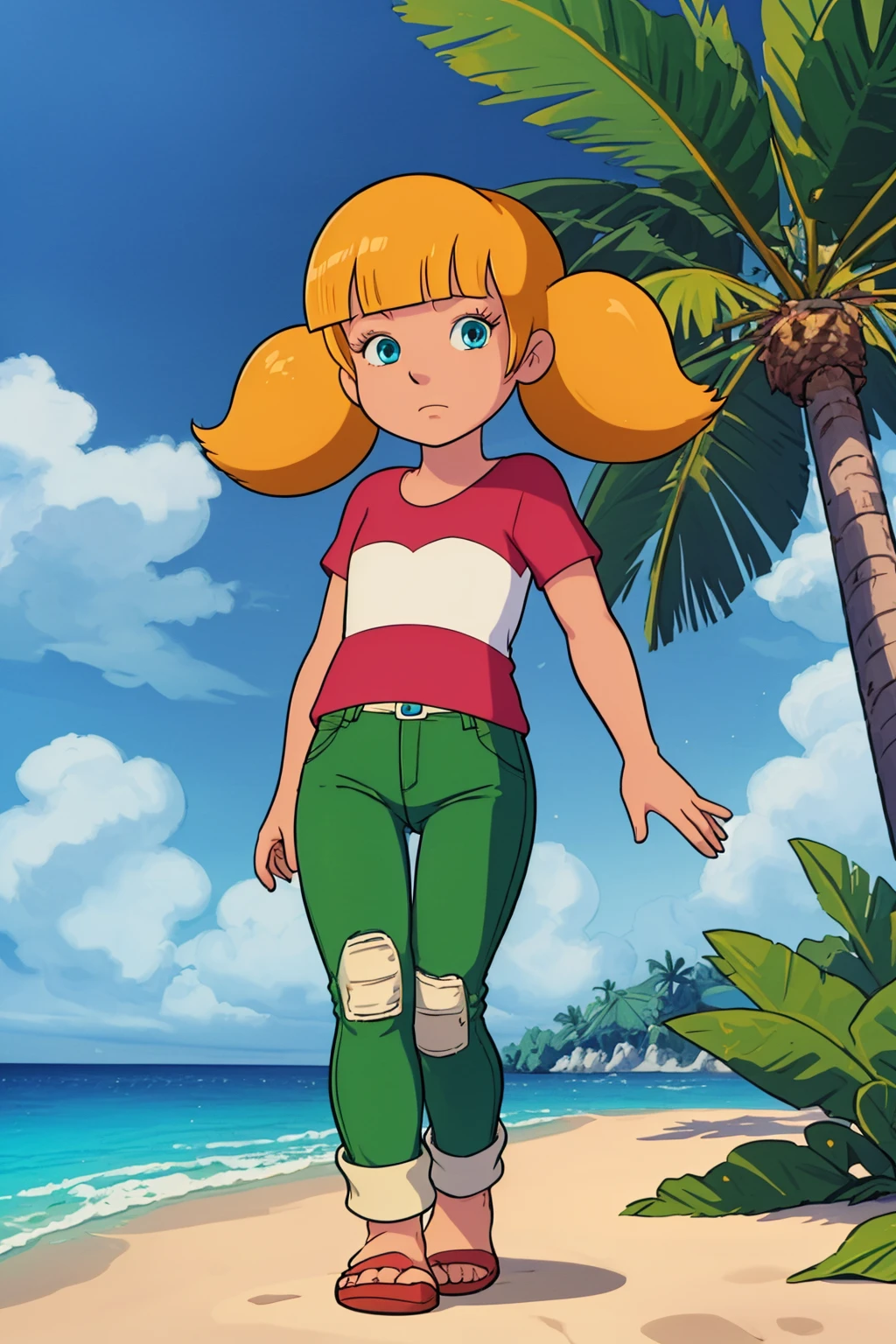 masterpiece, best quality, 1girl, penny, blonde hair, twintails, blunt bangs, blue eyes, red shirt, (white reinforced knee green pants), looking at viewer, standing, full body, sea, sand, tropical island background <lora:Penny:1>