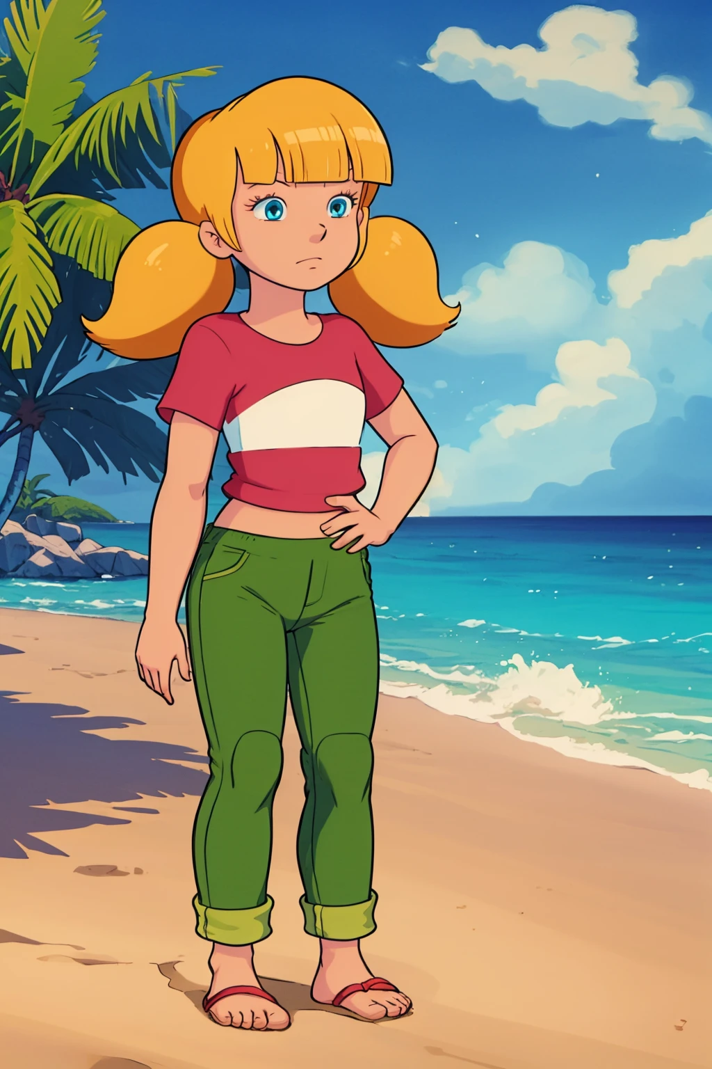 masterpiece, best quality, 1girl, penny, blonde hair, twintails, blunt bangs, blue eyes, red shirt, green pants, standing, full body, sea, sand, tropical island background <lora:Penny:1>