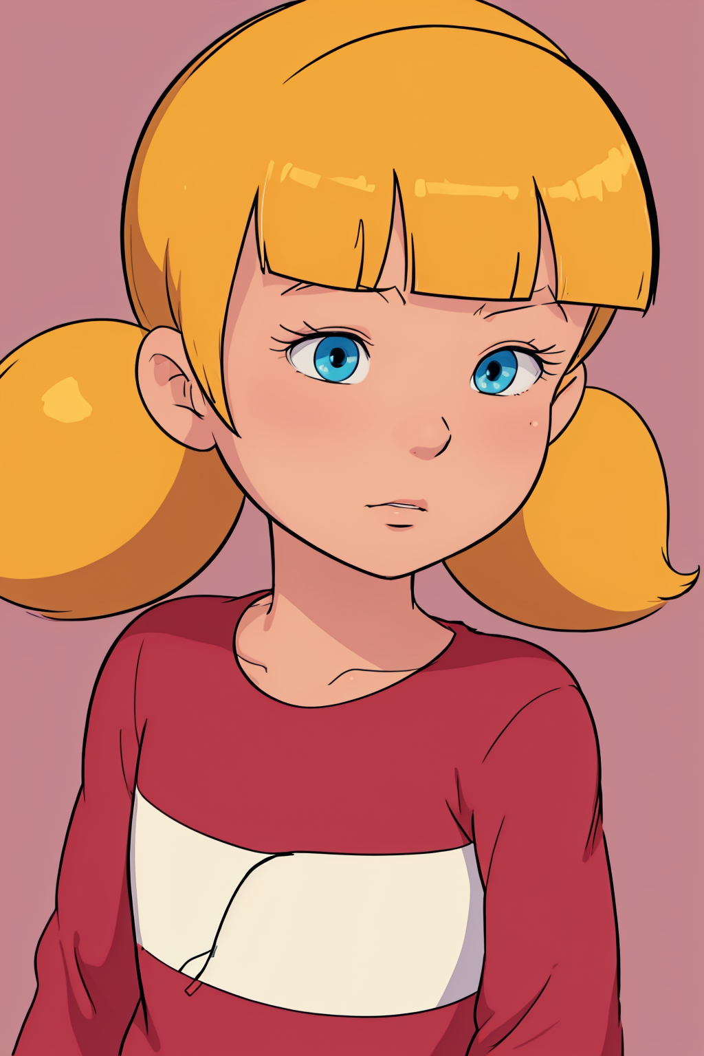 Uma garota de desenho animado com cabelo loiro e olhos azuis vestindo uma c...