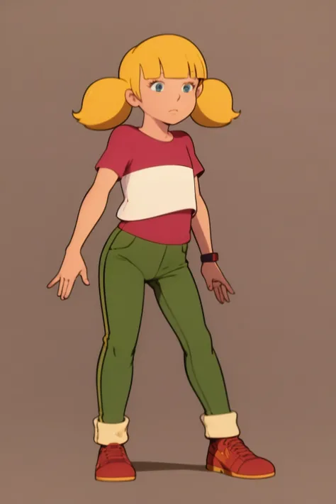 masterpiece, best quality, 1girl, penny, blonde hair, twintails, blunt bangs, blue eyes, red shirt, green pants, brown shoes, (wristwatch:0.6), full body, standing, contrapposto,  solo, simple background <lora:Penny:1>