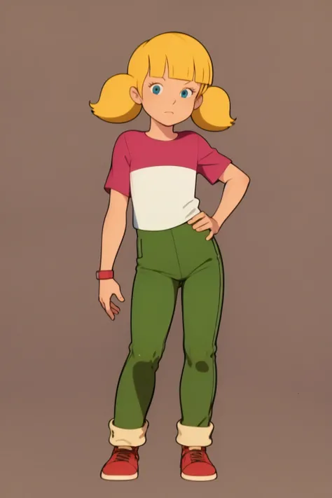 masterpiece, best quality, 1girl, penny, blonde hair, twintails, blunt bangs, blue eyes, red shirt, green pants, brown shoes, (wristwatch:0.6), full body, standing, contrapposto,  solo, simple background <lora:Penny:1>