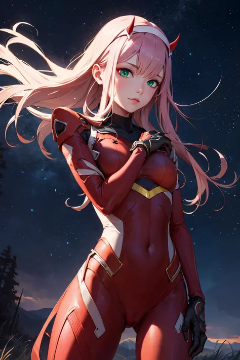 zerotwo,zero two,(green eyes:1.5),hairband,horns,long hair,pink hair,red horns,white hairband BREAK bodysuit,covered navel,pilot suit,red bodysuit,science fiction BREAK outdoors,space,night,sky,star \(sky\) BREAK looking at viewer,(cowboy shot:1.5) BREAK (masterpiece:1.2),best quality,high resolution,unity 8k wallpaper,(illustration:0.8),(beautiful detailed eyes:1.6),extremely detailed face,perfect lighting,extremely detailed CG,(perfect hands, perfect anatomy),<lora:zerotwo-lora-nochekaiser:1>,