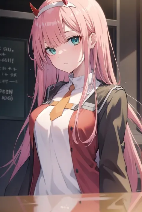 zerotwo, <lora:zerotwotest:1>, zero two, (green eyes:1.5), hairband, horns, long hair, pink hair, red horns, white hairband,
BREAK jacket, leggings, red jacket, white footwear,
BREAK indoors, classroom,
BREAK looking at viewer, BREAK <lora:GoodHands-vanilla:1>, (masterpiece:1.2), best quality, high resolution, unity 8k wallpaper, (illustration:0.8), (beautiful detailed eyes:1.6), extremely detailed face, perfect lighting, extremely detailed CG, (perfect hands, perfect anatomy),