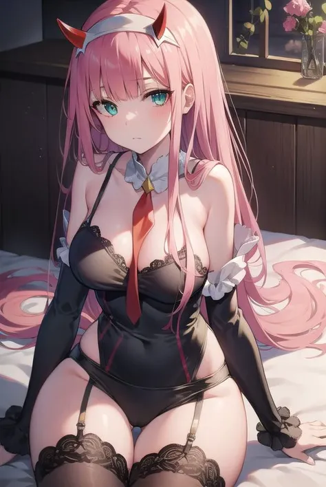 zerotwo, <lora:zerotwotest:1>, zero two, (green eyes:1.5), hairband, horns, long hair, pink hair, red horns, white hairband,
BREAK lingerie
BREAK indoors, bed,
BREAK looking at viewer, BREAK <lora:GoodHands-vanilla:1>, (masterpiece:1.2), best quality, high resolution, unity 8k wallpaper, (illustration:0.8), (beautiful detailed eyes:1.6), extremely detailed face, perfect lighting, extremely detailed CG, (perfect hands, perfect anatomy),