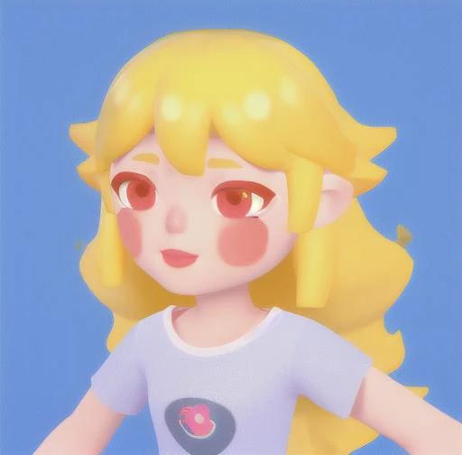 <lora:getaisoft3d:0.7>,solo,soft art style, 1girl, solo, long hair, blush, red eyes, upper body, yellow hair, short sleeves, shirt, 3d,happy,fluffy