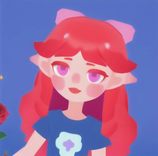 <lora:getaisoft3d:0.7>,solo,soft art style, 1girl, solo, long hair, blush, red eyes,purple eyes, upper body, red hair, short sleeves, shirt, 3d,happy,roses on head