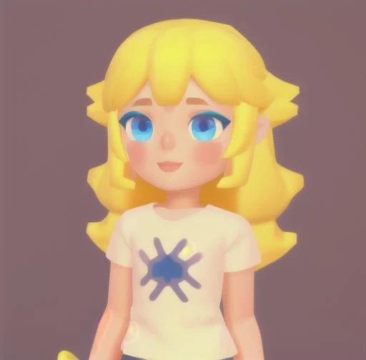 <lora:getaisoft3d:0.7>,solo,soft art style, 1girl, solo, long hair, blush, blue eyes, upper body, yellow hair, short sleeves, shirt, 3d,happy,fluffy