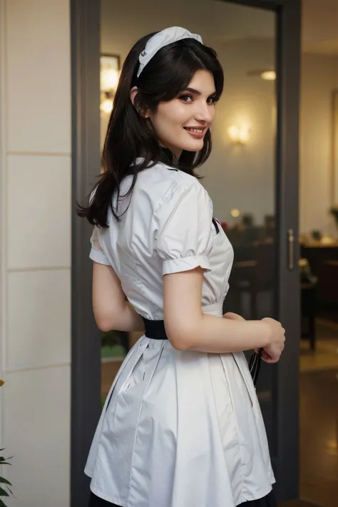 headshot of realistic photo of <lora:YaelAris_v1:0.9> YaelAris, focus on smiling face, from behind wearing a maid dress <lora:victorian_maid-1.0:0.8> , her hair is styled as french bob hair,