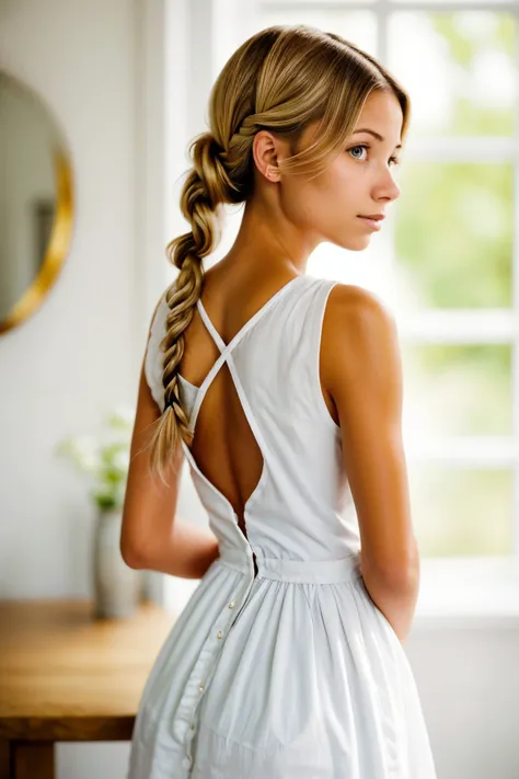 portrait photo of <lora:sd15_FranceskaFournier_v2:.9> FranceskaFournier glamour photography young invisible makeup, focus on face, from behind wearing a maid dress <lora:victorian_maid-1.0:0.8> , her hair is styled as dutch braided chignon,