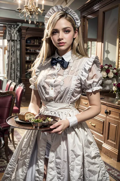(realistic:1.3), finely detailed, quality, rembrandt lighting, (masterpiece:1.2), (photorealistic:1.2), (best quality), (detailed skin:1.3), (intricate details), dramatic, ray tracing, 1girl, french girl, 21 years old, detailed skin texture, (blush:0.5), (goosebumps:0.5), subsurface scattering, smiling, medium breasts, high ponytail, bangs, hair between eyes, blonde hair, (maid:1.1), bow, brooch, long dress, frills, silver tray with fancy food, holding tray, cowboy shot, pov across table, (aristocrat mansion, lavish, resplendent, luxurious, rich, decorations, dining table, silver cutlery), <lora:victorian_maid-1.0:0.8>