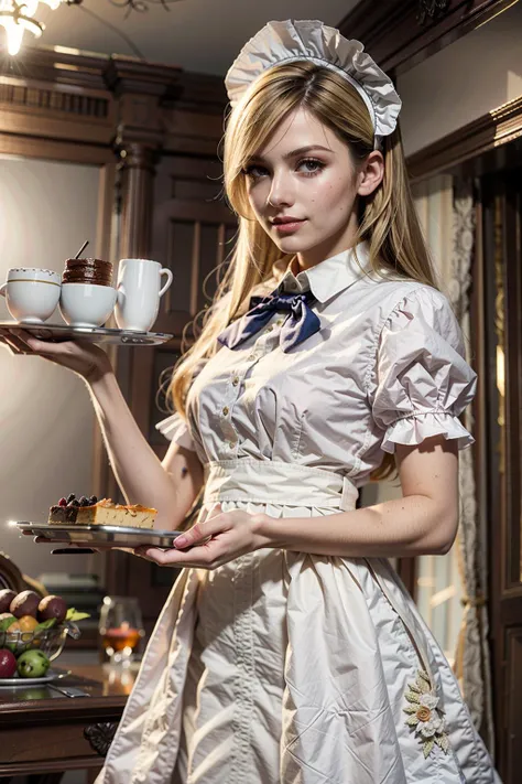 (realistic:1.3), finely detailed, quality, rembrandt lighting, (masterpiece:1.2), (photorealistic:1.2), (best quality), (detailed skin:1.3), (intricate details), dramatic, ray tracing, 1girl, french girl, 21 years old, detailed skin texture, (blush:0.5), (goosebumps:0.5), subsurface scattering, smiling, medium breasts, high ponytail, bangs, hair between eyes, blonde hair, (maid:1.1), bow, brooch, long dress, frills, silver tray with food, holding tray, cowboy shot, (aristocrat mansion, lavish, resplendent, luxurious, rich, decorations),  <lora:victorian_maid-1.0:0.8>