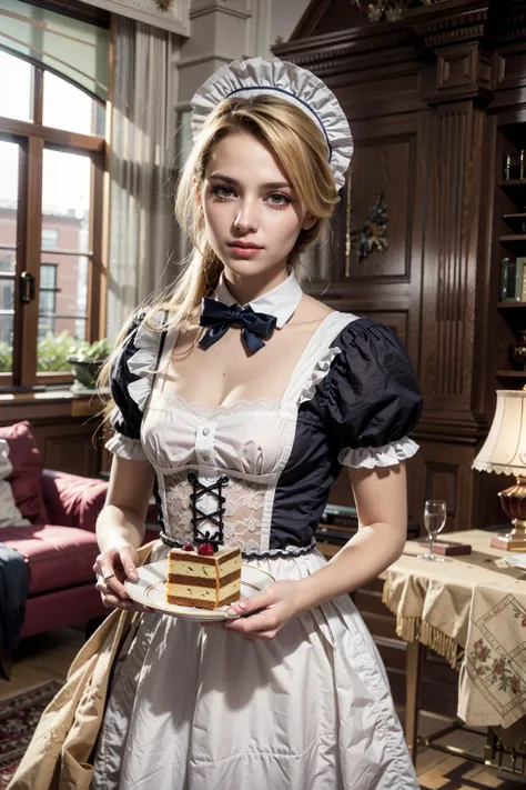 (realistic:1.3), finely detailed, quality, rembrandt lighting, (masterpiece:1.2), (photorealistic:1.2), (best quality), (detailed skin:1.3), (intricate details), dramatic, ray tracing, 1girl, french girl, 21 years old, detailed skin texture, (blush:0.5), (goosebumps:0.5), subsurface scattering, smiling, medium breasts, high ponytail, bangs, hair between eyes, blonde hair, (maid:1.1), bow, brooch, long dress, frills, apron, silver platter, fancy teapot, teacup, cake, holding platter, cowboy shot, (aristocrat mansion, lavish, resplendent, luxurious, rich, decorations, living room),  <lora:victorian_maid-1.0:0.8>