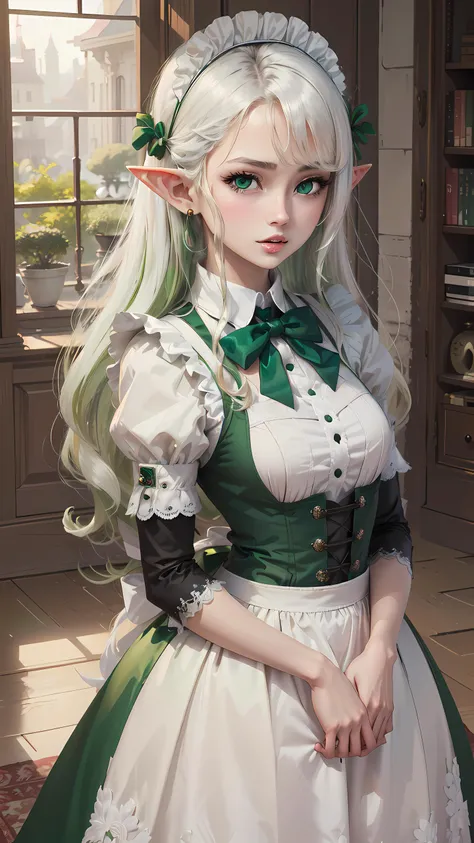 1girl, elf, pointy ears, long hair, white hair, long hair, white eyelashes, white eyebrows, (shining green eyes:1.4), maid, bow, brooch, long dress, <lora:victorian_maid-1.0:0.8>