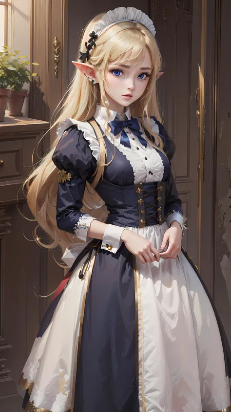 1girl, elf, pointy ears, long hair, blonde hair, long hair, (shining ligh blue eyes:1.4), maid, bow, brooch, long dress, <lora:victorian_maid-1.0:0.8>