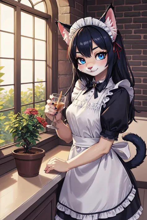 anthro cat, beautiful blue eyes, (blue fur, detailed fluffy fur:1.3), detailed black hair, cat snout, cat ears, cat tail, smirk,
(masterpiece:1.2), (highly detailed:1.2), (intricate:1.2), (best quality:1.2),(8k:1.2), (elegant:1.2), (sharp:1.2), (majestic:1.2),
cinematic sunny lighting, vivid color, (8k:1.2),
<lora:victorian_maid-1.0:0.7>maid, frills, puffy sleeves, maid headdress, (red apron),
giving drinking glass to viewer,
indoor garden art decor greenhouse, flowers, potted plants,
brick walls