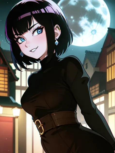 ( hyper realism, anime, manga) <lora:add_detail:-0.6> <lora:toriyama_akira_3:0.3> toriyama akira (fine lineart) <lora:duo artstyle:1> retro art style, full moon, village, mavis dracula, teeth, 
( black dress, sleeves (skin thight  dress) (black:5)  ( tied hair,  black hair, light blue eyes,) ,  staring,  , dark , evil, night,  ambient candlelight , hotel transylvania, bat:5,  outdoors,   , blush, depth of field,  <lora:hoteltransylvania_mavisdracula-10:0.3>  mature female,  medium breasts, emo, black eyelashes, eyeliner, black lipstick, diamond earrings,