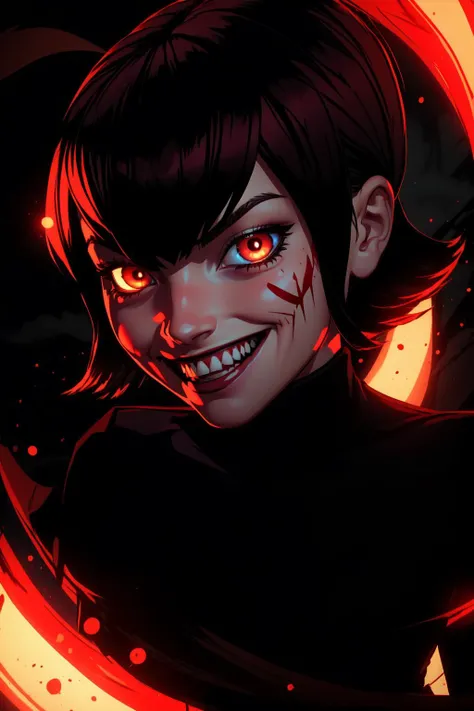 (masterpiece, best quality), intricate details,
1girl, <lora:hoteltransylvania_mavisdracula:0.8> mavis dracula, dress, striped thighhighs,
smug, smirk, fangs, <lora:Exe:0.8> Exe, teeth, horror (theme),sharp teeth, glowing, dark, blood, tongue, grin, glowing eyes, evil smile,
