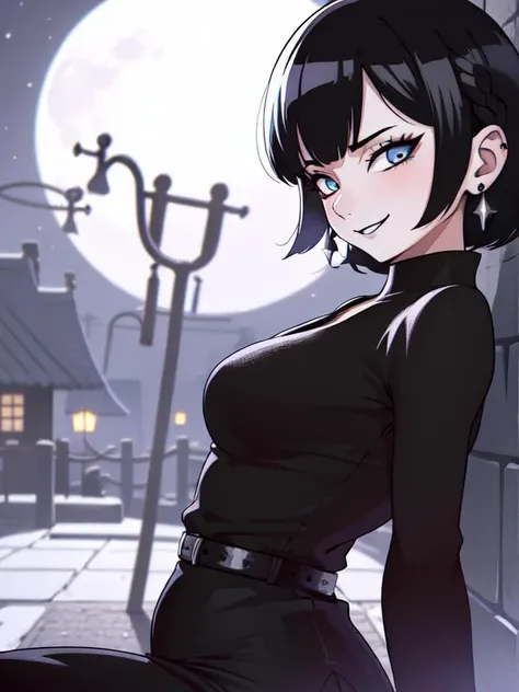 ( hyper realism, anime, manga) <lora:add_detail:-0.6> <lora:toriyama_akira_3:0.3> toriyama akira (fine lineart) <lora:duo artstyle:1> retro art style, full moon, village, mavis dracula, teeth, 
( black dress, sleeves (skin thight  dress) (black:5)  ( tied hair,  black hair, light blue eyes,) ,  staring,  , dark , evil, night,  ambient candlelight , hotel transylvania, bat:5,  outdoors,   , blush, depth of field,  <lora:hoteltransylvania_mavisdracula-10:0.3>  mature female,  medium breasts, emo, black eyelashes, eyeliner, black lipstick, diamond earrings,