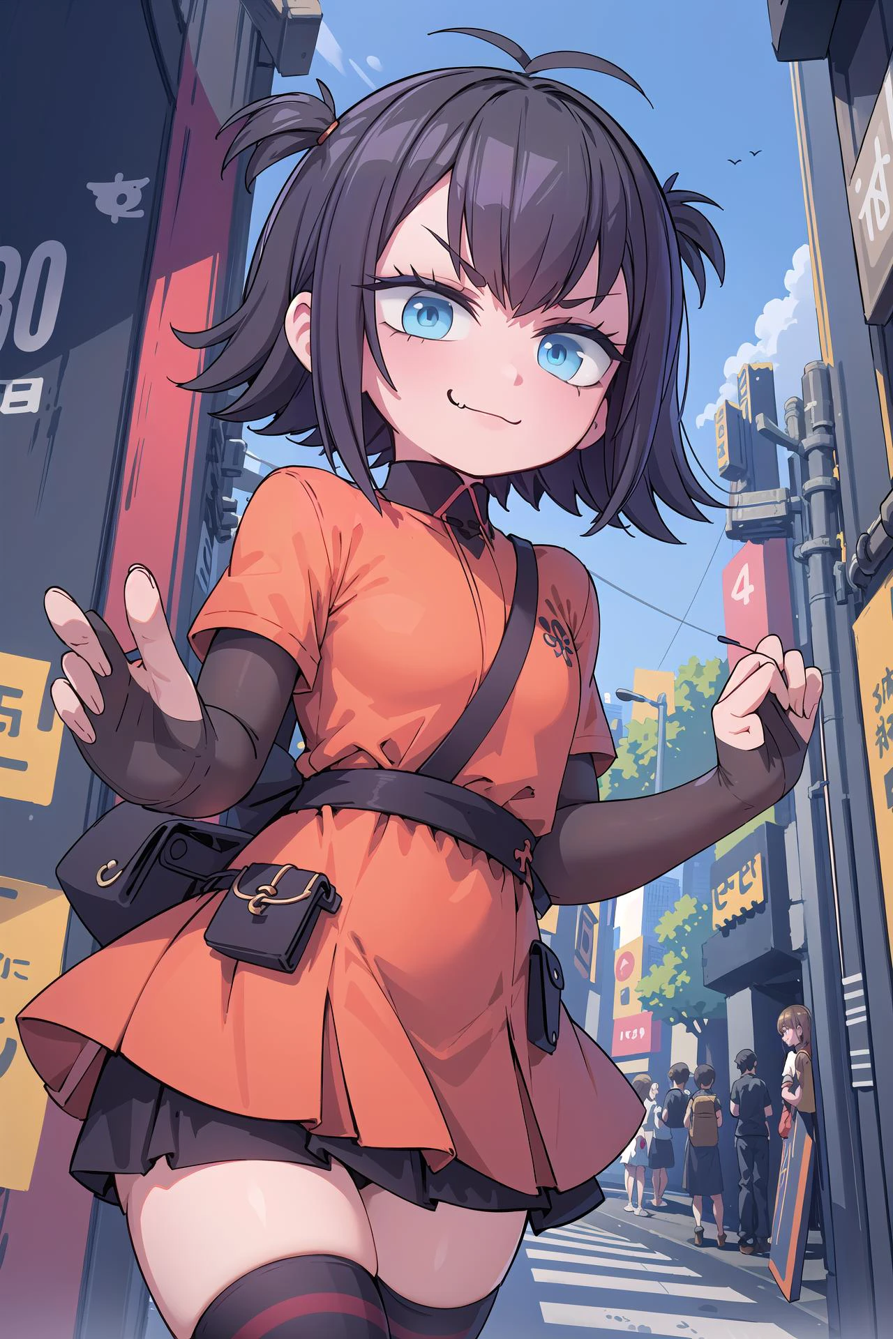 insanely detailed, absurdres, ultra-highres, ultra-detailed, best quality,
1girl, solo, nice hands, perfect hands,
BREAK
<lora:hoteltransylvania_mavisdracula-10:0.9> mavis dracula, dress, striped thighhighs
BREAK
(smirking, evil smile:1.2), closed mouth, (:3:1.3), v-shaped eyebrows, standing
BREAK
slender, kawaii, perfect symmetrical face, ultra cute girl, ultra cute face, ultra detailed eyes, ultra detailed hair, ultra cute, ultra beautiful,
BREAK
in harajuku, shibuya, tokyo, street, crowd, cityscape,
BREAK
small breasts,