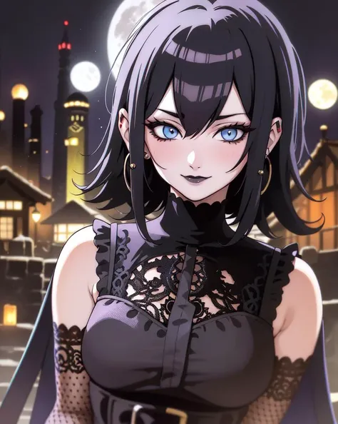 ( hyper realism, anime, manga) <lora:add_detail:-0.6> <lora:toriyama_akira_3:0.3> toriyama akira (fine lineart) <lora:duo artstyle:1> retro art style, full moon, village, mavis dracula, teeth, (Black Lace Top Long Sleeve, (skin thight  dress) (black:5)  ( tied hair,  black hair, light blue eyes,) ,  staring,  , dark , evil, night,  ambient candlelight , hotel transylvania, bat:5,  outdoors,   , blush, depth of field,  <lora:hoteltransylvania_mavisdracula-10:0.3>  mature female,  medium breasts, emo, black fingernails,  , black eyelashes, eyeliner, black lipstick, onyx earrings, solo, graveyard,