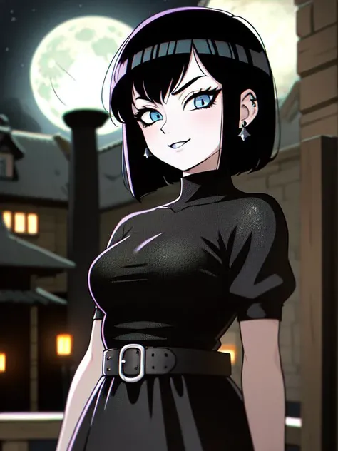 ( hyper realism, anime, manga) <lora:add_detail:-0.6> <lora:toriyama_akira_3:0.3> toriyama akira (fine lineart) <lora:duo artstyle:1> retro art style, full moon, village, mavis dracula, teeth, 
( black dress, sleeves (skin thight  dress) (black:5)  ( tied hair,  black hair, light blue eyes,) ,  staring,  , dark , evil, night,  ambient candlelight , hotel transylvania, bat:5,  outdoors,   , blush, depth of field,  <lora:hoteltransylvania_mavisdracula-10:0.3>  mature female,  medium breasts, emo, black eyelashes, eyeliner, black lipstick, diamond earrings,
