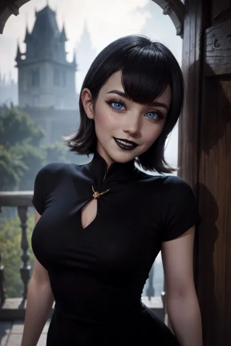 high-definition, sharp focus, blue eyes, Mavis Dracula, black lips, looking at viewer, smile, eyelashes <lora:hoteltransylvania_mavisdracula:.85>