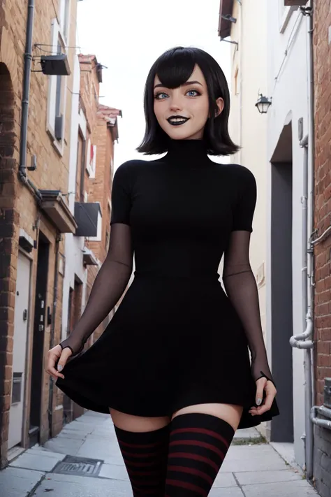 high-definition, walking down the alley, Mavis Dracula, bangs, hair between eyes, black lips, looking at viewer, smile, solo, eyelashes, black dress, striped thighhighs <lora:hoteltransylvania_mavisdracula:.85>