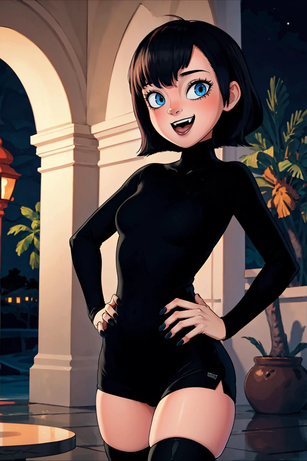 nsfw, nake,
(masterpiece, best quality:1.3), 1girl, looking at viewer, standing, hand on hip, upper body, mavis dracula, laughing, fang, black hair, black nails, short hair, black lipstick, light blue eyes, black dress, striped thighhighs, small breasts, perky breasts, skindentation, narrow waist, skinny, outdoors, night, bats on sky, castle, <lora:MAVIS-V2:1>