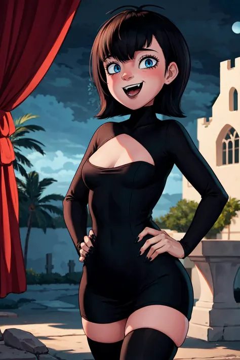 nsfw, nake,
(masterpiece, best quality:1.3), 1girl, looking at viewer, standing, hand on hip, upper body, mavis dracula, laughing, fang, black hair, black nails, short hair, black lipstick, light blue eyes, black dress, striped thighhighs, small breasts, perky breasts, skindentation, narrow waist, skinny, outdoors, night, bats on sky, castle, <lora:MAVIS-V2:1>