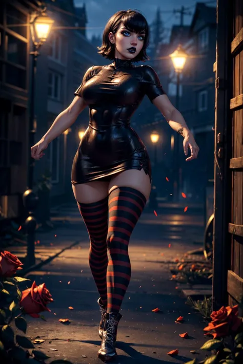 (ultra realistic,32k, masterpiece:1.2),(high detailed skin:1.1),( high quality:1.1),
<lora:hoteltransylvania_mavisdracula:0.8>(angry, v-shaped eyebrows:1.1),(eyeliner,long lashes, mascara:1.1),mavis dracula, black hair,black lips, blue eyes, dress, striped thighhighs, outside, night, destroyed collapsed, welk rose field, roses, horror theme, (blurry background:1.2),,fighting stance, (huge breast,large breast:0.9),<lora:add_detail:0.94>,full body,
(neon pastel light:1.1)