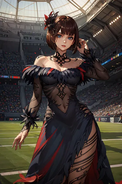 masterpiece, best quality, ultra-detailed, anna tekken7, 1girl, ((mature face)), milf, thick, tall, hair flower, bob cut, black dress, feather trim, solo, stadium background, cowboy shot, volumetric lighting, intricate details, tonemapping, sharp focus, hyper detailed, <lora:anna williams:0.7>