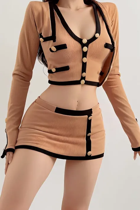 (masterpiece, best quality), 1girl, Ochre Textured Crew Cut with Tapered Sides, tiny breasts, <lora:10xCocoDress(Majic)_LR5_v1:1> velvaura, bra, midriff, cropped jacket, long sleeves