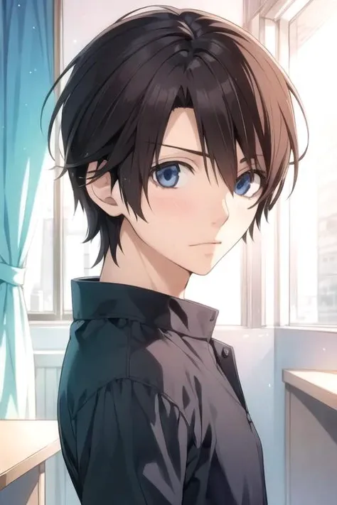 masterpiece, best quality, illustration, 1boy, solo, male focus, looking at viewer, , , anime coloring, realistic, <lora:chiaki_yoshino:0.66>, chiaki_yoshino, brown hair, blue eyes, , tam, science fiction cyber-noir,