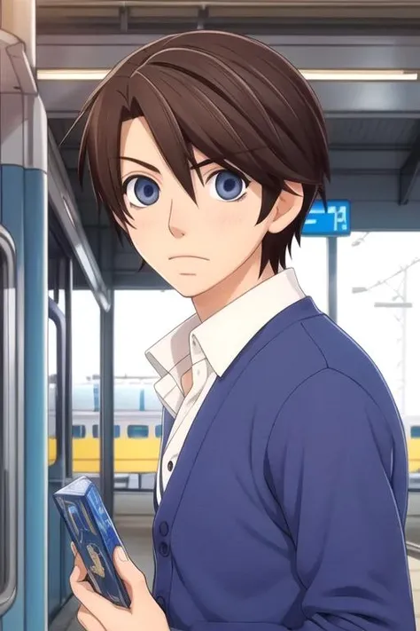 masterpiece, best quality, illustration, 1boy, solo, male focus, looking at viewer, , depth of field, , , <lora:chiaki_yoshino:0.70>, chiaki_yoshino, brown hair, blue eyes, cardigan, , train station, Blu-ray
