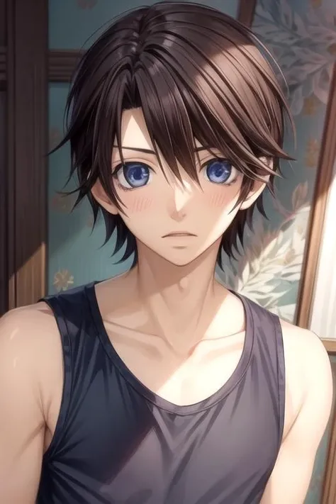 masterpiece, best quality, wallpaper, 1boy, solo, male focus, looking at viewer, , , , , <lora:chiaki_yoshino:0.72>, chiaki_yoshino, brown hair, blue eyes, tank top, , grimdark,