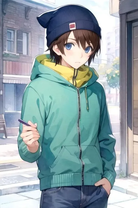 masterpiece, best quality, movie still, 1boy, solo, male focus, looking at viewer, , , (watercolor illustration, soft pastel colors:1.1), realistic, <lora:chiaki_yoshino:0.74>, chiaki_yoshino, brown hair, blue eyes, bermuda shorts, ski hat, , 2k resolution