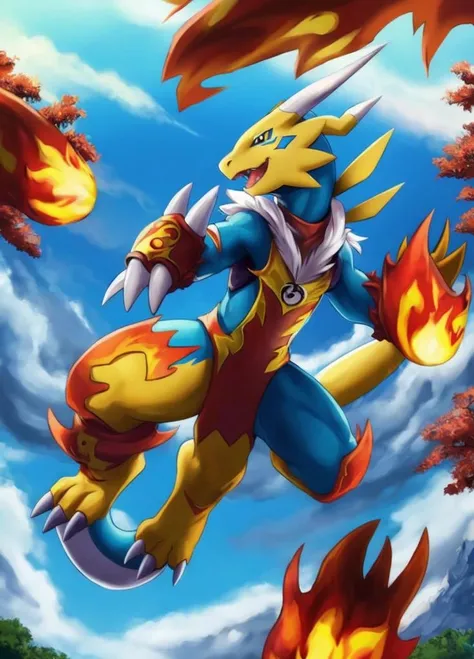 <lora:Flamedramon-000001:1>, Flamedramon, digimon (creature), claws, gloves, horns, open mouth, fur trim, outdoors, day, smile, sky, tail,