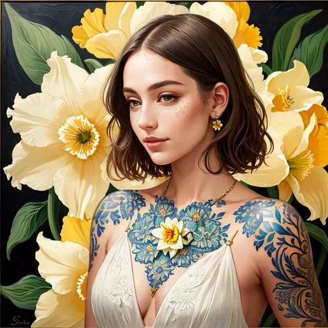 tattoo,     Blissful, an abstract painting, a French woman named Skylar,  daffodil, detailed background, ((masterpiece, high quality, highly detailed, intricate detail))