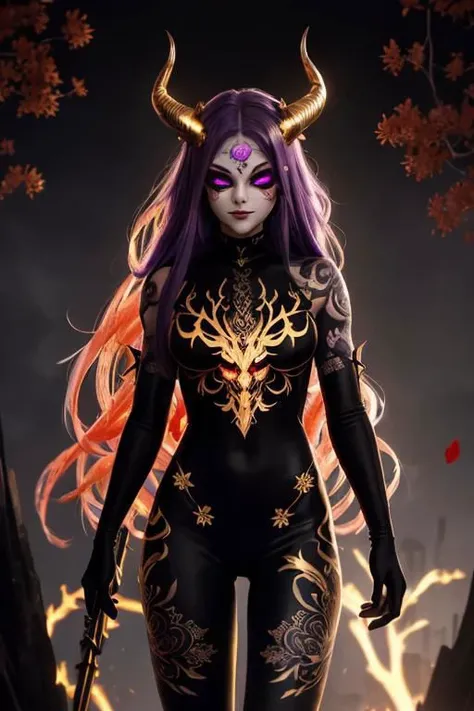 high quality. masterpiece, 8k, street, tree, road, tree canopy, upper body, face focus, 1girl, arrogant, mei, horns, long hair, (purple eyes:1.1), purple Amethyst hair, evil smile, big grin, golden red copper sliver tattoo black leggings, Amethyst laced glow tattoo black bodystockings, lace fractal red and golden glow enhanced skeleton Amethyst black tattoo bodysuit, red flower tattoo, long glow hair, glow golden earrings, red eyes, white face, tattoo mark mask tattoo, arrogant, she is standing, sunlit, weak lights and shadow, tree canopy, street, red flowers, evergreen, face focus,