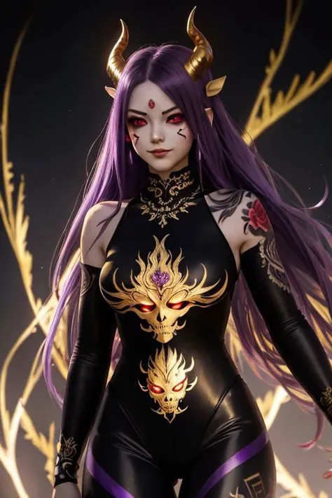 high quality. masterpiece, 8k, street, tree, road, tree canopy, upper body, face focus, 1girl, arrogant, mei, horns, long hair, (purple eyes:1.1), purple Amethyst hair, evil smile, big grin, golden red copper sliver tattoo black leggings, Amethyst laced glow tattoo black bodystockings, lace fractal red and golden glow enhanced skeleton Amethyst black tattoo bodysuit, red flower tattoo, long glow hair, glow golden earrings, red eyes, white face, tattoo mark mask tattoo, arrogant, she is standing, sunlit, weak lights and shadow, tree canopy, street, red flowers, evergreen, face focus,