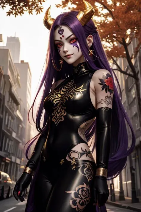 high quality. masterpiece, 8k, street, tree, road, tree canopy, upper body, face focus, 1girl, arrogant, mei, horns, long hair, (purple eyes:1.1), purple Amethyst hair, evil smile, big grin, golden red copper sliver tattoo black leggings, Amethyst laced glow tattoo black bodystockings, lace fractal red and golden glow enhanced skeleton Amethyst black tattoo bodysuit, red flower tattoo, long glow hair, glow golden earrings, red eyes, white face, tattoo mark mask tattoo, arrogant, she is standing, sunlit, weak lights and shadow, tree canopy, street, red flowers, evergreen, face focus,