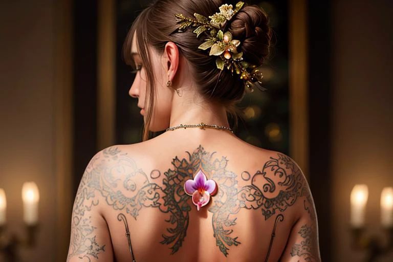 (highly detailed, intricate detail), christmas, a digital painting in the style of Frits Van den Berghe, a woman named Nora, sitting calmly with a opal orchid tattooed on her back, from behind, SSGI, SSAO, cgi, symetrical, octane render, 35mm, bokeh, 9:16, (intricate details:1.12), hdr, (intricate details, hyperdetailed:1.15),