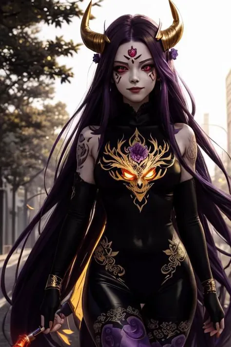 high quality. masterpiece, 8k, street, tree, road, tree canopy, upper body, face focus, 1girl, arrogant, mei, horns, long hair, (purple eyes:1.1), purple Amethyst hair, evil smile, big grin, golden red copper sliver tattoo black leggings, Amethyst laced glow tattoo black bodystockings, lace fractal red and golden glow enhanced skeleton Amethyst black tattoo bodysuit, red flower tattoo, long glow hair, glow golden earrings, red eyes, white face, tattoo mark mask tattoo, arrogant, she is standing, sunlit, weak lights and shadow, tree canopy, street, red flowers, evergreen, face focus,