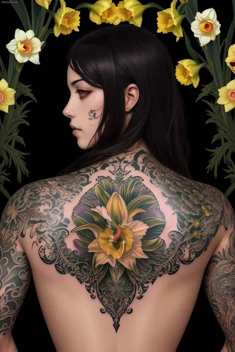 a manga drawing (high quality:1.2), (best quality:1.2), (masterpiece:1.2), official art, official wallpaper, surreal, (detailed tattoo, detailed Luscious Enchant, daffodil:1.2) (detailed:1.05), (extremely detailed:1.06), sharp focus, (intricate:1.03), (extremely intricate:1.04), (black background:1.1), beautiful face,